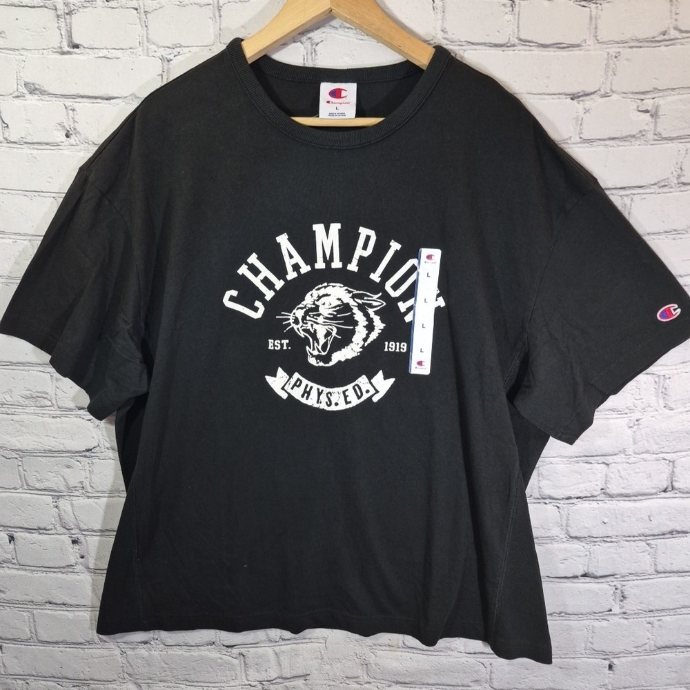Champion Phys Ed Cougar Graphic Mens Unisex L Black Spellout Logo T-Shirt NWT‎
